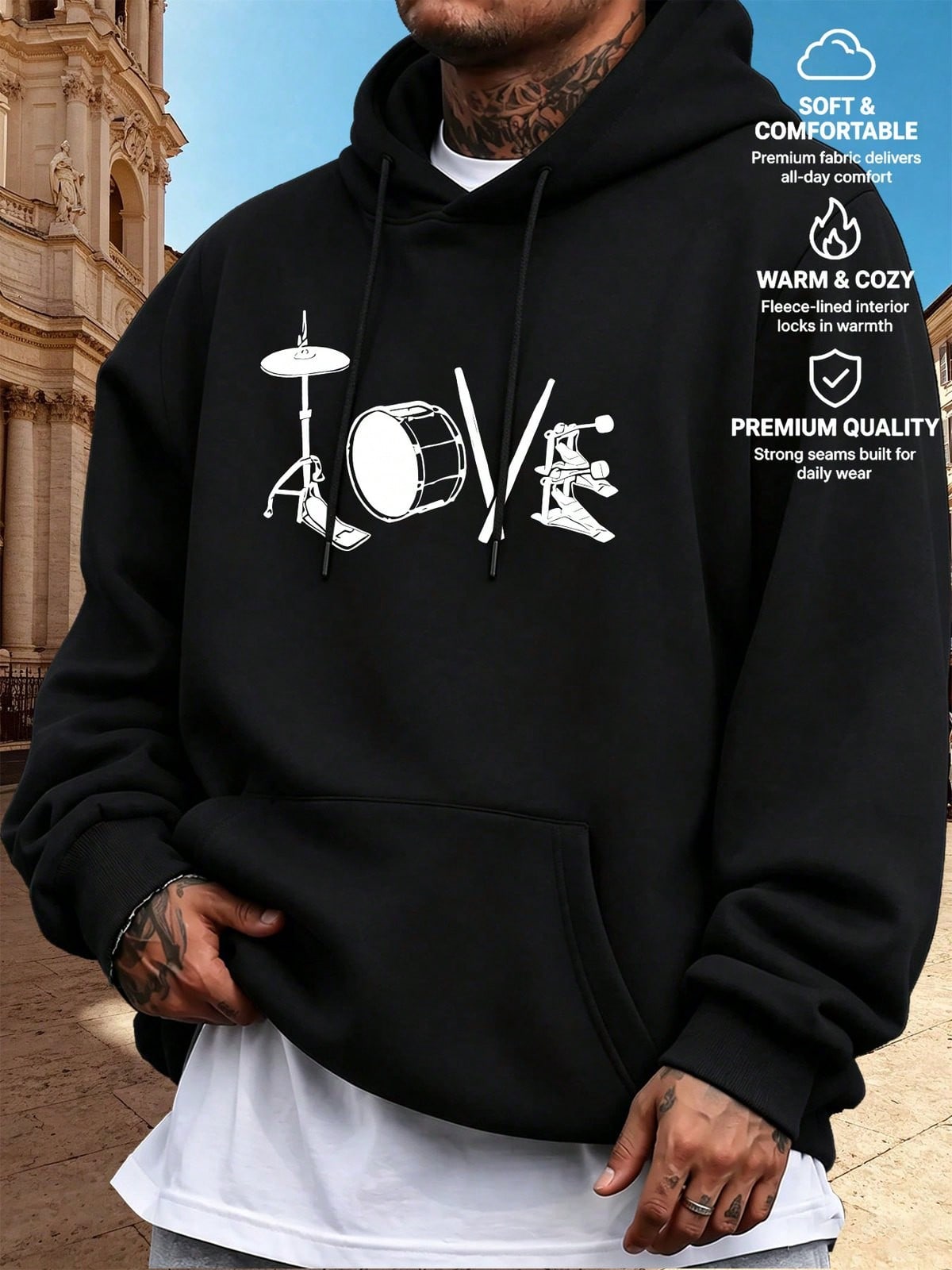 Men Music‑Themed Hooded Sweats - Musical Instrument Four Letters 评论和价格